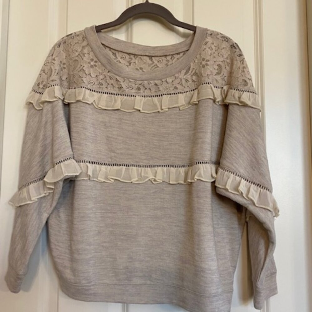 Love Sam Lace Ruffled Dolman Sleeve Top Oatmeal Gray Size XS